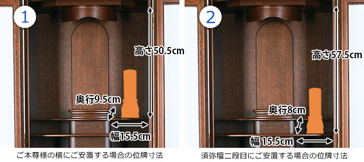 ?@ご本尊様の横にご安置する場合の位牌寸法 高さ50.5cm 幅15.5cm 奥行9.5cm ?A須弥壇２段目にご安置する場合の位牌寸法 高さ57.5cm 幅15.5cm 奥行8cm